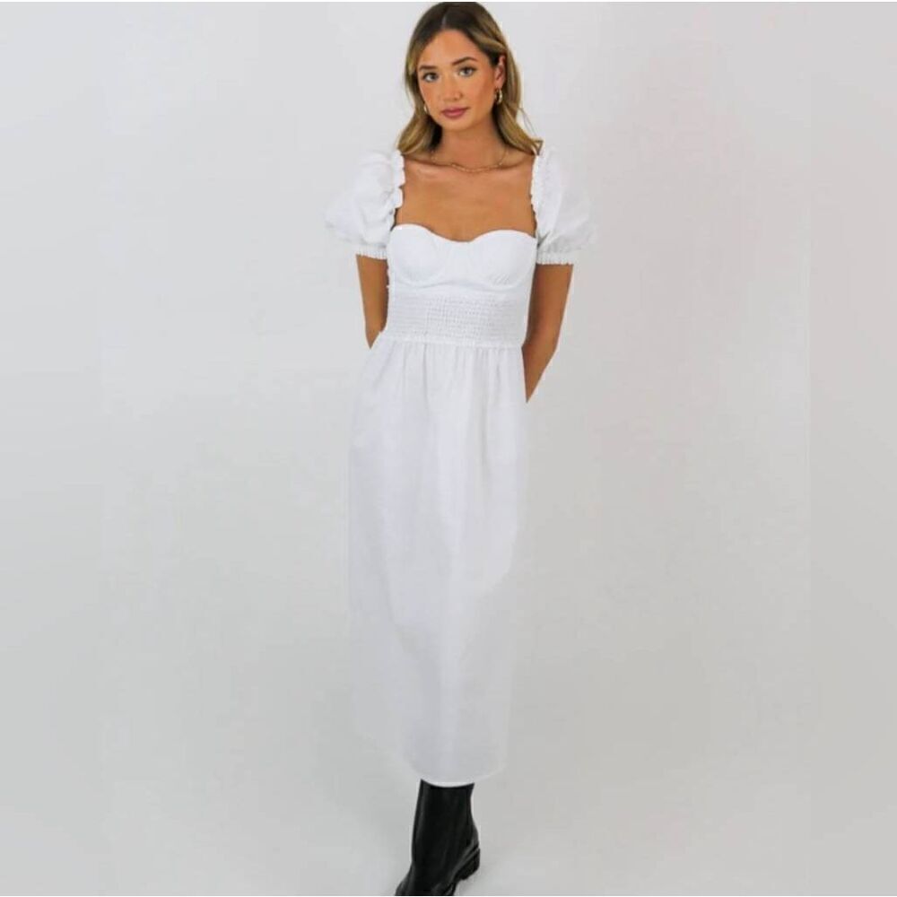 WeWoreWhat Corset Puff Sleeve Optic White Midi Dress size 00 XXS NWT